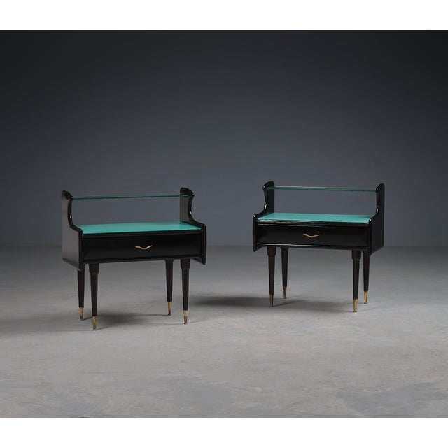 1950s Italian Black Nightstands with Glass Top, 1950s, Set of 2 For Sale - Image 5 of 7