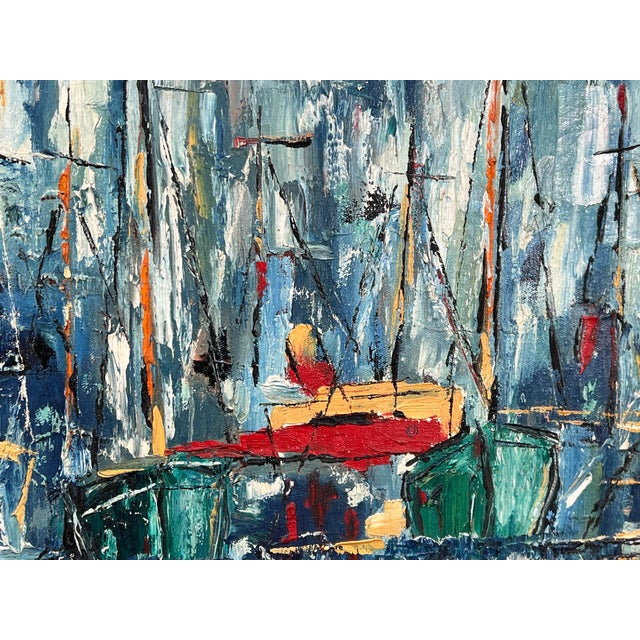 Fabulous vintage c.1970 oil on canvas painting in a wonderful abstract modernist style, depicting sailboats in harbor....