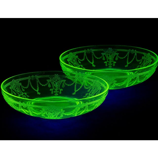 Charming pair of Anchor Hocking Cameo Green fruit bowls from the 1930s. Crafted in luminous uranium Depression glass, each...