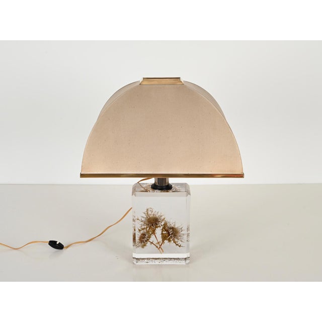 Beveled Acrylic Glass with Thistles Table Lamp with Silk Shade by Pierre Giraudon, 1970s For Sale - Image 9 of 18