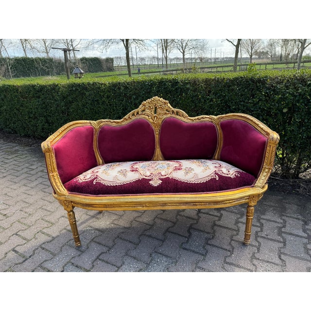 1960 French Louis XVI Burgundy Beech Velvet Sofa Set 3 PCS For Sale - Image 6 of 18