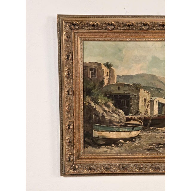 Traditional Continental Oil Painting of Fishing Village, Probably Italy Circa 1900 For Sale - Image 3 of 5