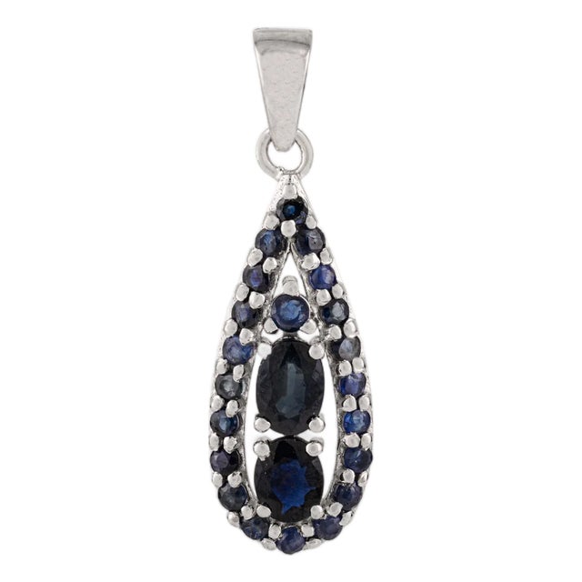Art Deco 925 Silver Teardrop Shape Pendant With Blue Sapphire - Wedding Gift For Sale