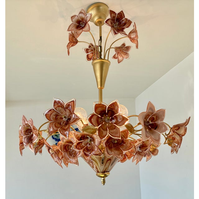 Large Murano Style Brown Flower Bouquet Chandelier With 4 E27 Bulbs. Hand-Blown Glass Flowers, Restored , Rare Italian Vintage For Sale - Image 13 of 17