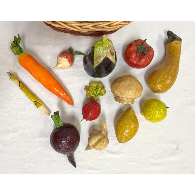 Vintage Realistic Hand Crafted Papier Mâché Vegetables in a Basket- Set of 14 For Sale In West Palm - Image 6 of 11