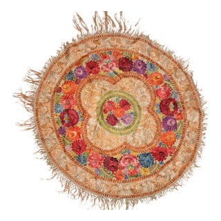 Antique Handmade Embroidered Round Tapestry Tablecloth Textile For Sale