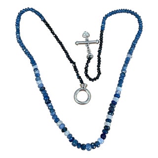 50 Carat Natural Sapphire Bead Single Strand Necklace with Diamond in 14 Kw Gold For Sale