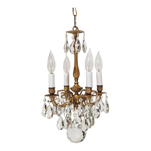 Antique 4 Arm 4 Light Glowing Graceful Brass Cut Lead Glass Crystal Chandelier ~ 4 Available For Sale