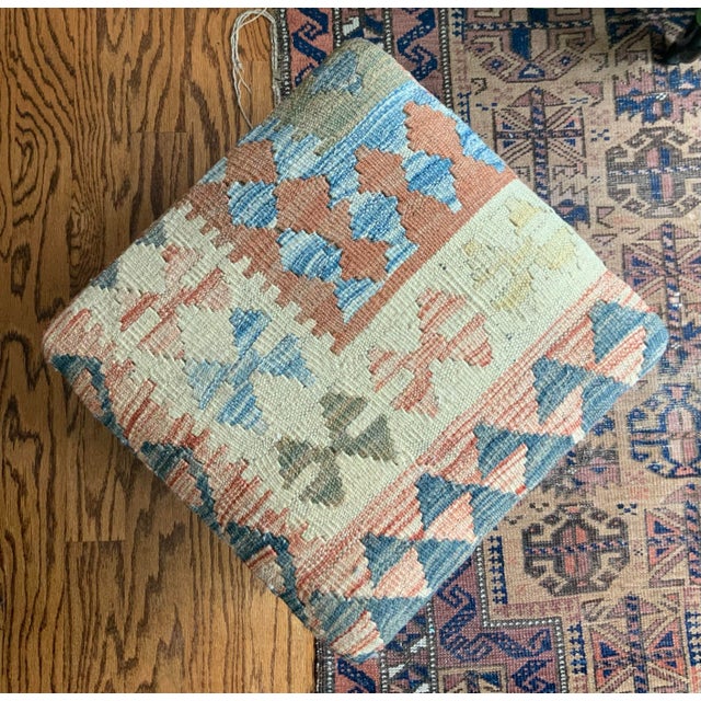 Late 20th Century Vintage Kilim Upholstered Pouf / Ottoman With Sturdy Interior Wooden Frame - Southwestern, Boho, Ski Lodge, & Ralph Lauren Decors - See Photos! For Sale - Image 5 of 7