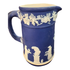 Small Antique Royal Blue Wedgwood Creamer With Women With a Boiling Pot on One Side and Women Hunting on the Other