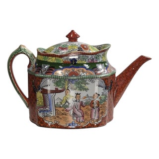 Patent Ironstone New Oval Teapot with Red Scale Conversation Decor, 1820-1830 For Sale