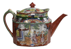Patent Ironstone New Oval Teapot with Red Scale Conversation Decor, 1820-1830
