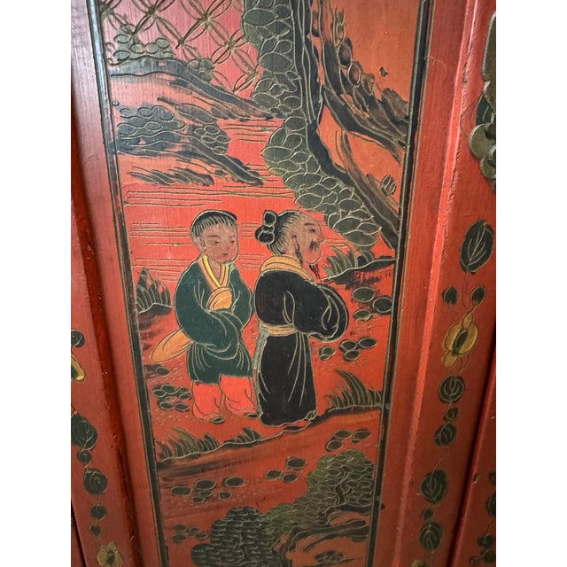 Red Mid 19th Century Qing Dynasty Shanxi Red Lacquer Painted Wedding Cabinet, Elm, Fully Decorated Back For Sale - Image 8 of 10
