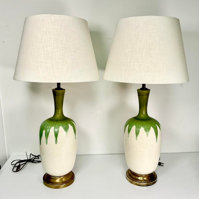 Mid-Century Boho Chic Vintage Ceramic Green Drip Table Lamps - A Pair For Sale - Image 4 of 18