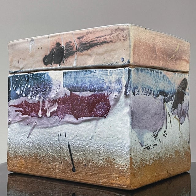 Postmodern Vintage Abstract Expressionist Slab Built Glazed Stoneware Lidded Box, Signed (Ca. 1980) For Sale - Image 3 of 13