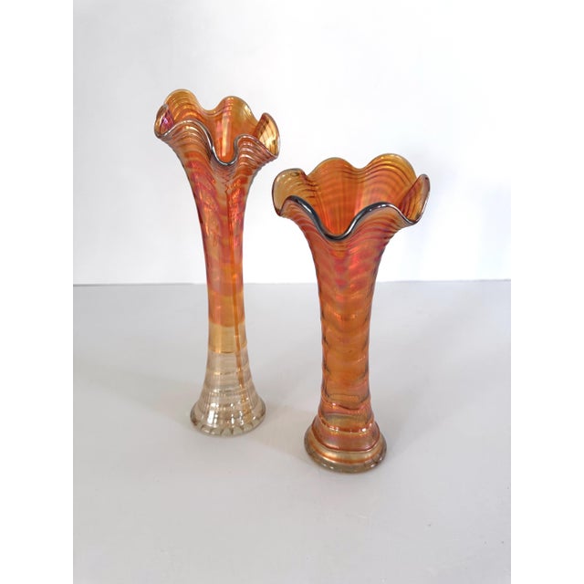Mid-Century Modern Vintage Marigold Carnival Glass Swung Vases, a Pair For Sale - Image 3 of 12