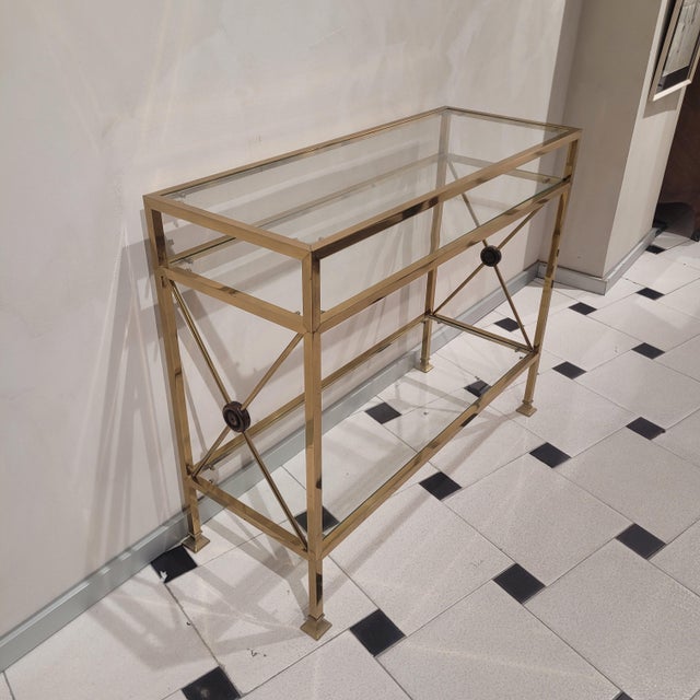 1970s Hollywood Regency Gilt Brass, Wood and Glass Console Table, France, 1970s For Sale - Image 5 of 10