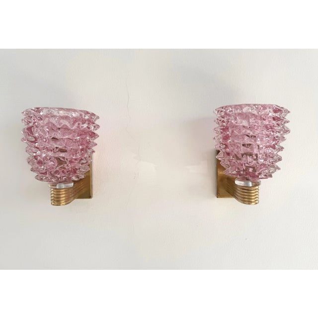 Italian Art Deco Style Brass and Pink Rostrato Murano Glass Wall Sconces, 1990s, Set of 2 For Sale - Image 13 of 13