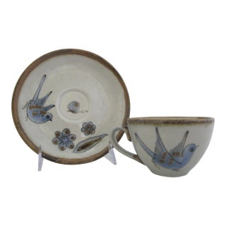 Ken Edwards El Palomar Blue Bird Tonala Mexico Folk Art Coffee Tea Cup & Saucer For Sale