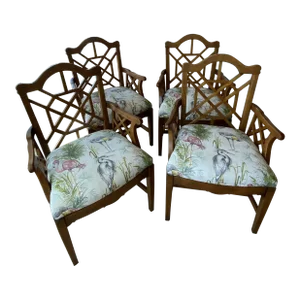 Vintage Palm Beach Fretwork Chinese Chippendale Arm Chairs Dining Upholstered - a Pair