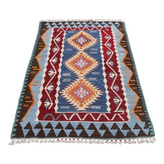 1970s Mid-Century Modern Geometric Blue Kilim Rug For Sale