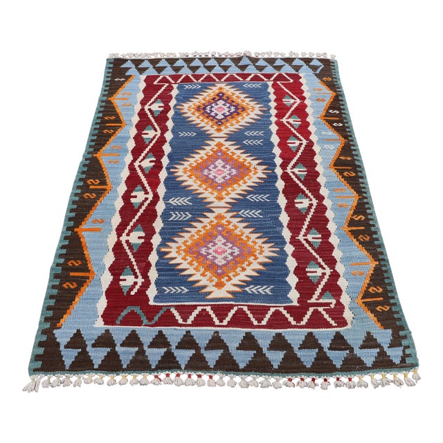 1970s Mid-Century Modern Geometric Blue Kilim Rug For Sale