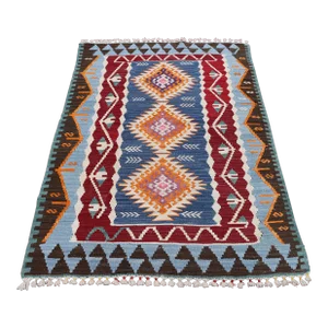 1970s Mid-Century Modern Geometric Blue Kilim Rug