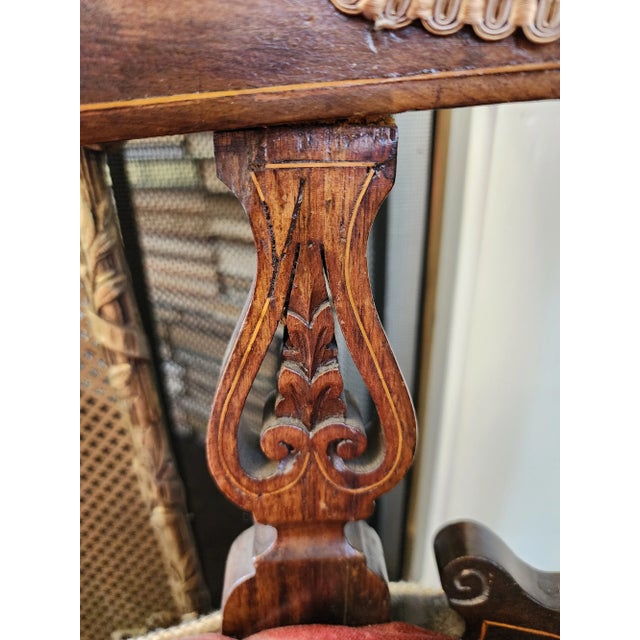 19th Century Antique Victorian Velvet Marquetry Fauteuil Parlor Armchair For Sale In New York - Image 6 of 12