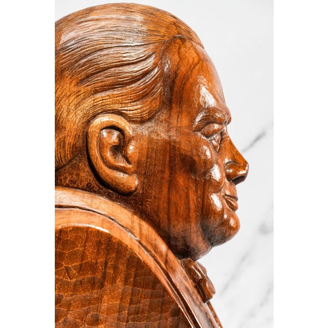 Nice Large Antique Winston Churchill Carved Wood Bust Statue Sculpture Home Decor For Sale - Image 9 of 15