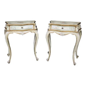 Rare Pair Distressed Paint Decorated Venetian Italian Nightstands Circa 1920s