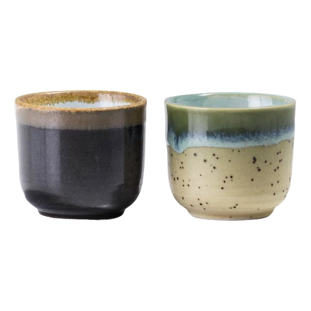 Japanese Sake Tea Cups in Green & Gold Raku Ceramic from Laab Milano, Set of 2 For Sale