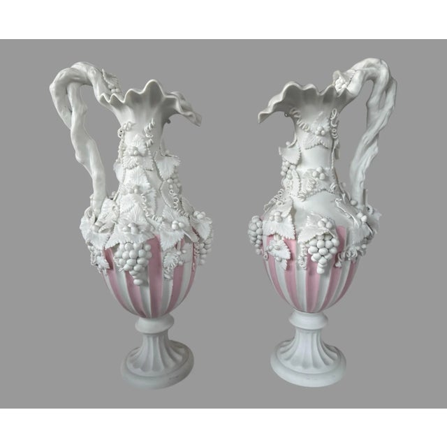 Ceramic Pair of Antique Parian Bisque Porcelain Grape & Leaf Decorated Ewers For Sale - Image 7 of 12