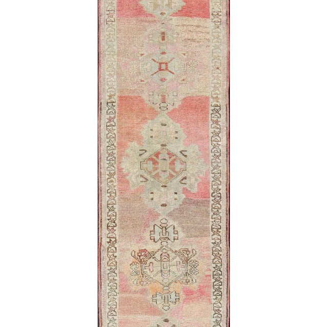 Tribal Vintage Turkish Oushak Runner With Medallion Design in Pink, Light Green & Taupe 2'10 X 12'6 For Sale - Image 3 of 11