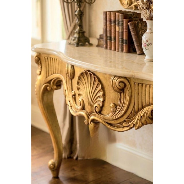 ​Monumental Exquisite Vintage Louis XV Rococo-Style Gilt Wood and Off White Marble-Top Wall-Mounted Console Table For Sale - Image 12 of 12