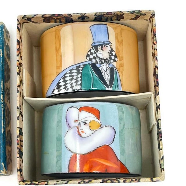 Art Deco 1920s Noritake Morimura Japanese Lusterware Set of 2 French Flapper Napkin Holders in Original Gift Box Designed...