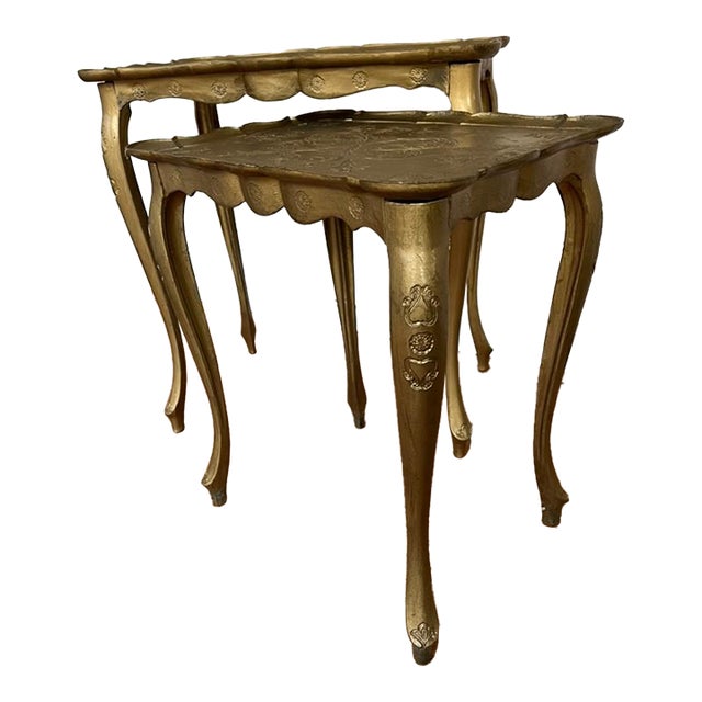 Vintage Italian Gilt Painted Wood Nesting Tables With Etched Floral Tops, Set of 2 | Made in Italy For Sale
