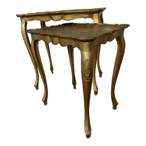 Vintage Italian Gilt Painted Wood Nesting Tables With Etched Floral Tops, Set of 2 | Made in Italy
