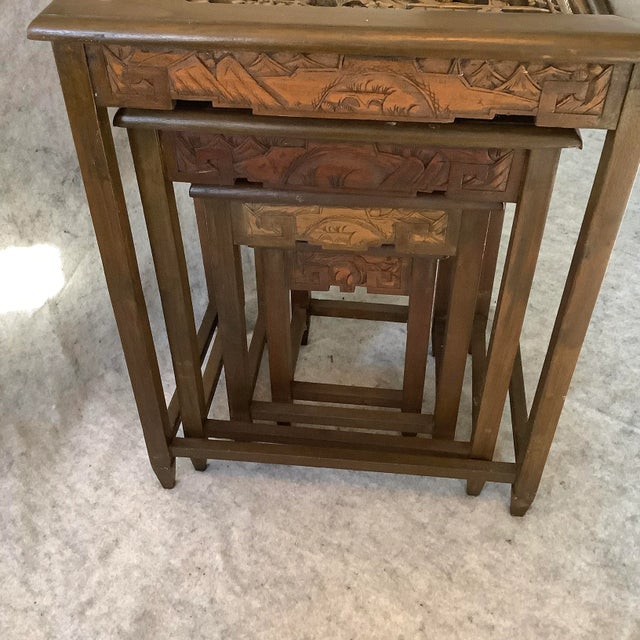 Wood 1960s Carved Asian Nesting Tables Set of 4 For Sale - Image 7 of 10