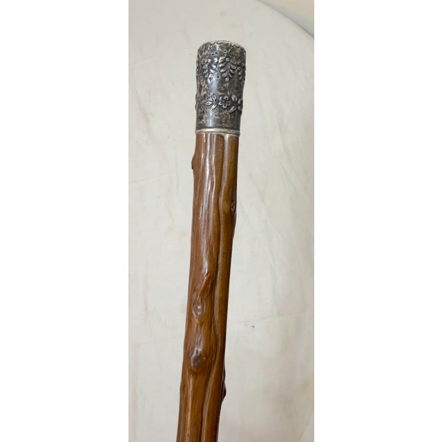Victorian Antique 19th Century Tooled Sterling Silver Natural Wood Walking Stick Cane For Sale - Image 3 of 14