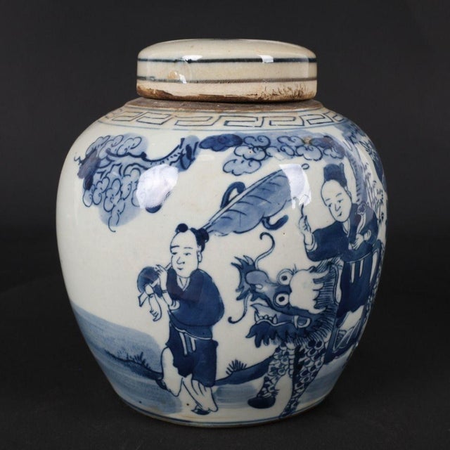 1960s Blue and White Porcelain Lidded Ginger Jar With "Qilin Bringing a Child" Motif - 6" H For Sale - Image 4 of 9