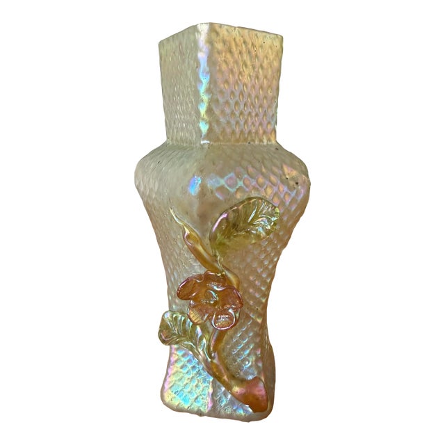 Antique Art Nouveau Iridescent Art Glass Vase | Applied Floral Prunts | Kralik Style | C. 1900–1920 For Sale