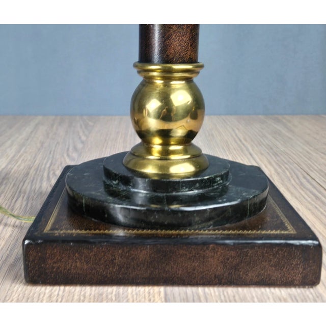 1990s Brass Marble Leather Wrapped Candlestick Table Lamps, Maitland Smith Style - a Pair For Sale - Image 14 of 16
