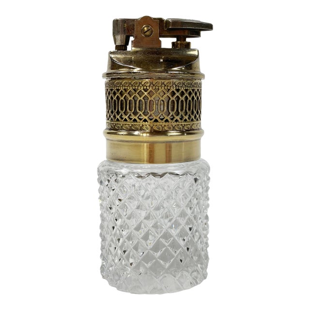 Mid 20th Century Brass and Cut Glass Table Lighter For Sale