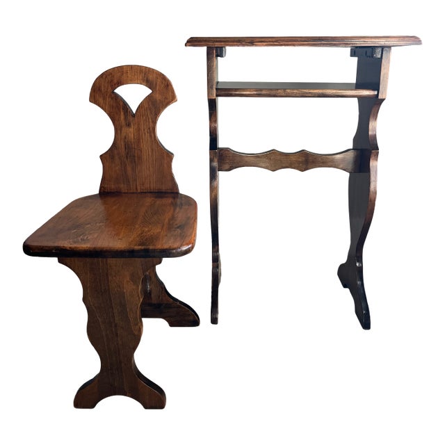 Vintage Rustic Side Table With Matching Stool/Chair Low Profile Chair - Set of 2 For Sale