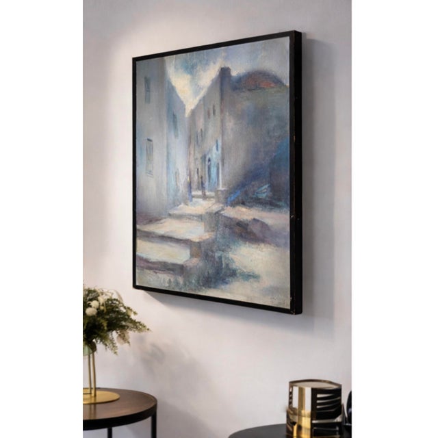 Mid-Century Modern Atmospheric European Street Scene Oil Painting For Sale - Image 3 of 5