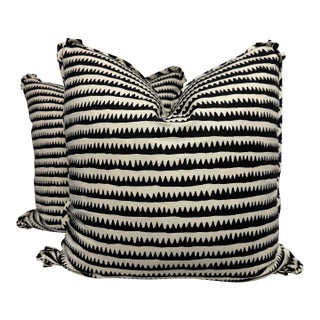 Schumacher "Corfu Hand Printed Stripe" in Black 22" Pillows-a Pair For Sale