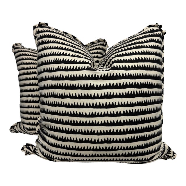 Schumacher "Corfu Hand Printed Stripe" in Black 22" Pillows-a Pair For Sale