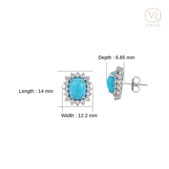 Vintage Inspired 14k Gold 3.88ct Turquoise & Diamond Stud Earrings- A Pair For Sale - Image 11 of 14