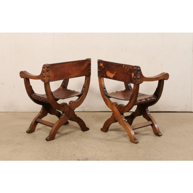 Late 20th Century Late 20th Century Italian Pair Wood & Leather Dante Armchairs For Sale - Image 5 of 10