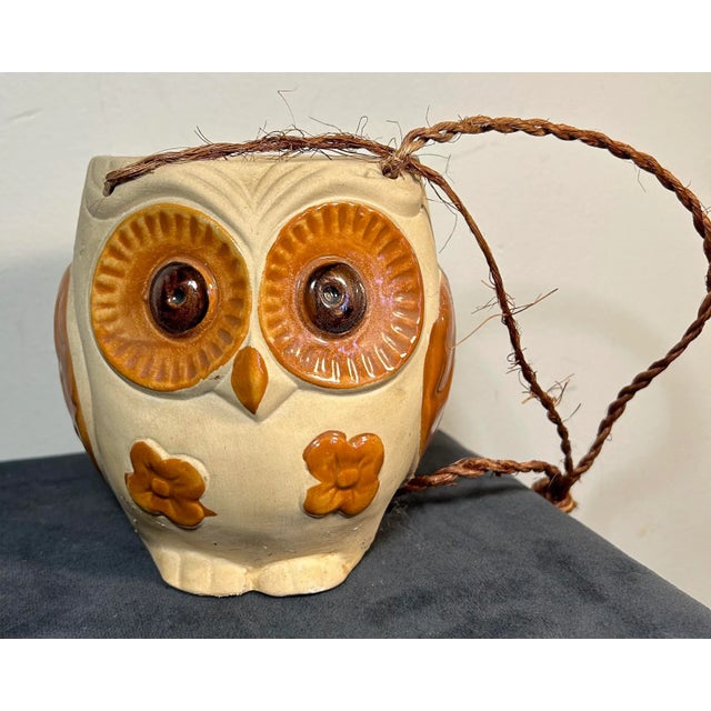 Vintage 1970’s pottery figural owl hanging planter. Painted brown and glazed eyes wings and flowers. Could be used indoors...